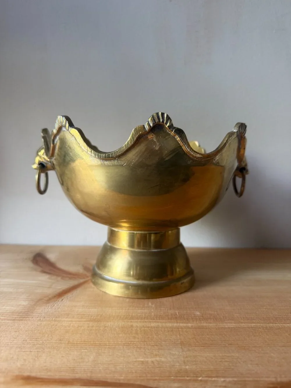 Vintage Brass Lion Head Pedestal Bowl | Scalloped Monteith Centerpiece